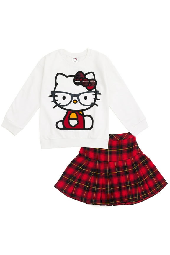 Big Girls Fleece Sweatshirt and Skirt Plaid White / Red 10-12