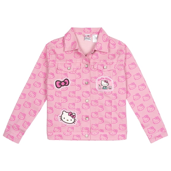 Hello Kitty Big Girls' Lined Denim Jersey Jacket with Graphic Patches Light Pink Hello Kitty