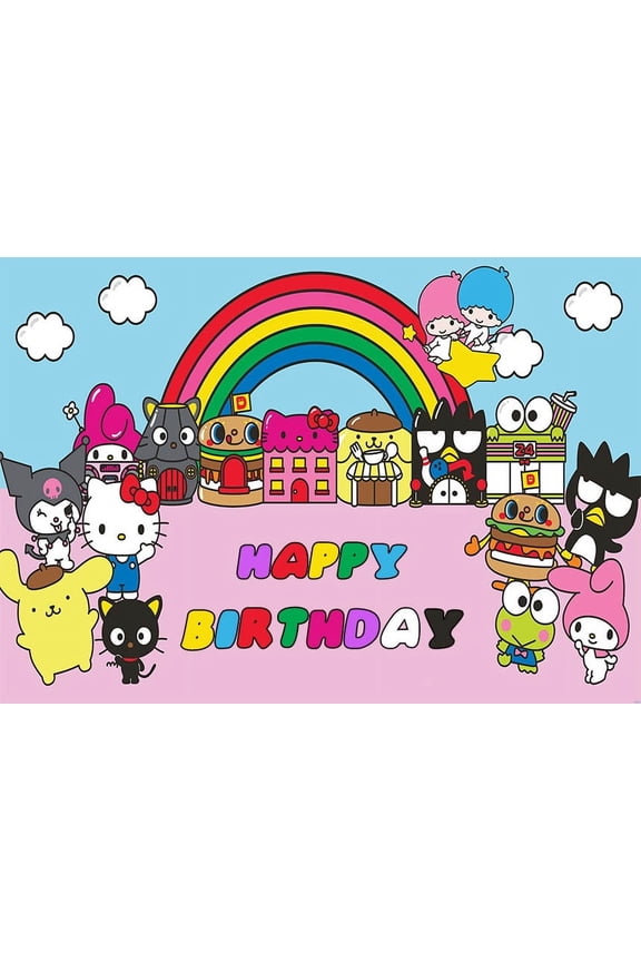 Hello Kitty-Birthday Backdrop for Girls Birthday Party Decoration, 5ft*3ft/150cm*100cm Birthday Backdrop Wall Decoration, Cartoon Birthday Party Decoration for Girls Birthday