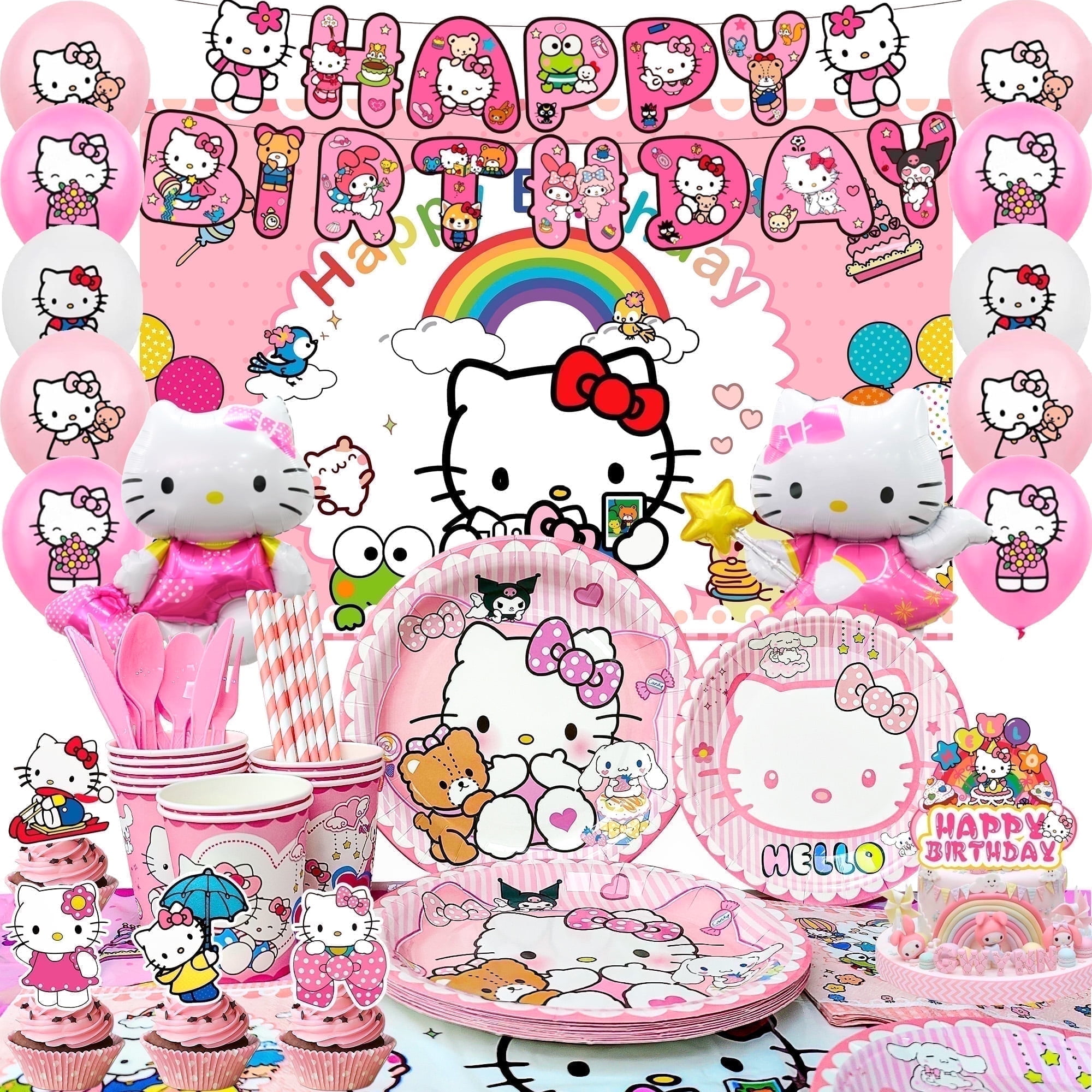 Hallo Ki-tty Birthday Decorations,124pcs HalloKi-tty Party Decorations & HalloKi-tty Party Tableware Set - HalloKi-tty Party Plates Cups Napkins Backdrop Balloon Banner etc HalloKi-tty Party Supplies