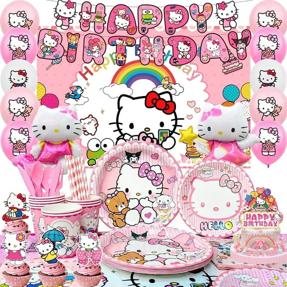 Hallo Ki-tty Birthday Decorations,124pcs HalloKi-tty Party Decorations & HalloKi-tty Party Tableware Set - HalloKi-tty Party Plates Cups Napkins Backdrop Balloon Banner etc HalloKi-tty Party Supplies