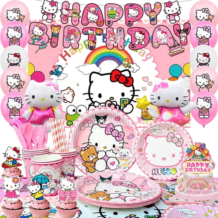 Hello Kitty Birthday Decorations, 124pcs Hello Kitty Party Decorations & Tableware Set - Plates Cups Napkins Backdrop Balloon Cat Party Supplies