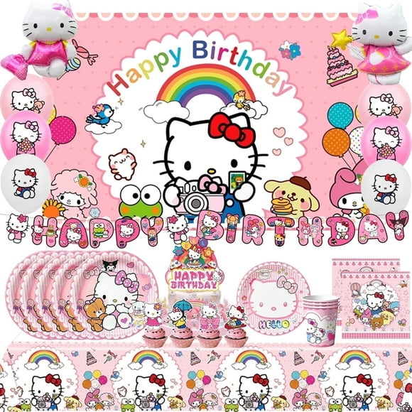 Cartoon Birthday Decorations Supplies,124pcs Cartoon Kitty Party Decorations & Tableware Set - Cartoon Party Plates Cups Napkins Table Cloth Balloons etc Cartoon Birthday Party Supplies