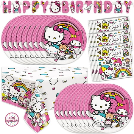 Hello Kitty Birthday Party Decorations - 1 Hello Kitty Tablecloth, 1 Hello Kitty Banner, 16 Hello Kitty Plates, 16 Napkins, 1 Sticker