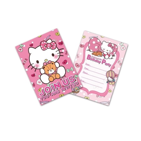 Hello Anime Kitty White Birthday Party Invitation & Envelopes,12Pcs