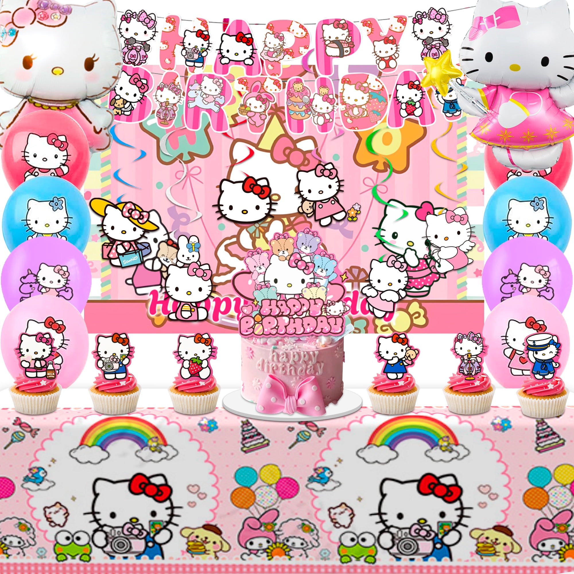 Hello Kitty Birthday Party Supplies, 36 Pcs Hello Kitty Party Decorations Set - Hello Kitty Birthday Decoration Banner Background Tablecloth and Hello Kitty Balloon Cake Topper etc Party Supplies