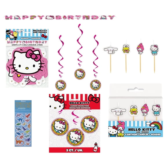 Hello Kitty Birthday Party Supplies Bundle includes 1 Happy Birthday Banner, 3 Hanging Swirl Decorations, 4 Piece Cake Deocration Candles, 1 Dinosaur Sticker Sheet