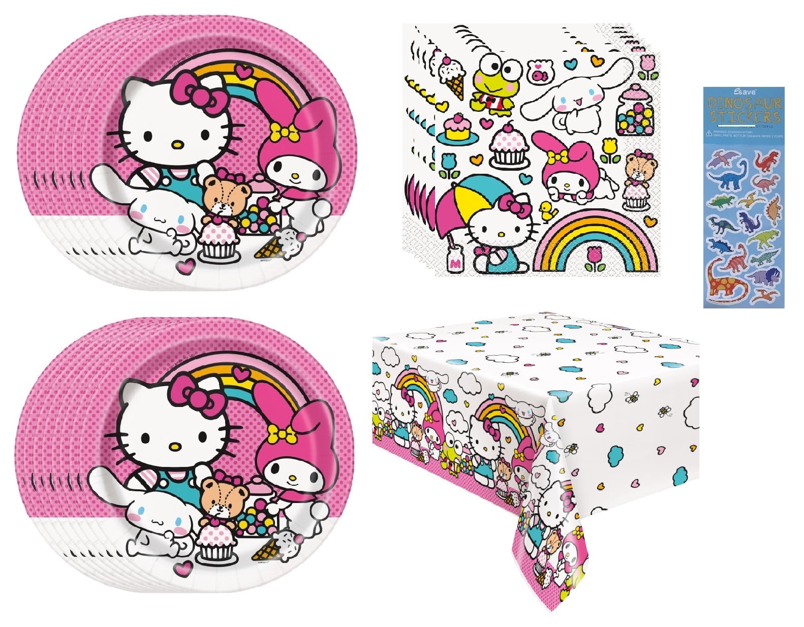 Hello Kitty Birthday Party Supplies Bundle includes 16 Lunch Paper Plates 9", 16 Lunch Paper Napkins 2-Ply 6.5", 1 Plastic Table Cover 54" x 84", 1 Dinosaur Sticker Sheet
