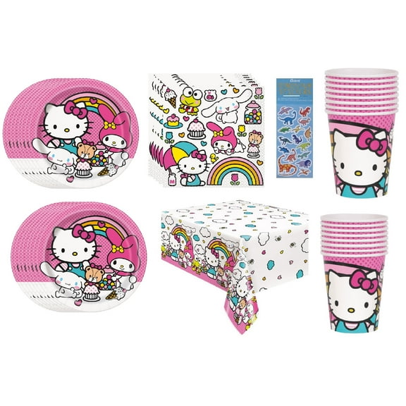 Hello Kitty Birthday Party Supplies Bundle includes 16 Lunch Paper Plates 9", 16 Paper Napkins 2-Ply 6.5", 16 Paper Cups 9oz, 1 Plastic Table Cover 54" x 84", 1 Dinosaur Sticker Sheet