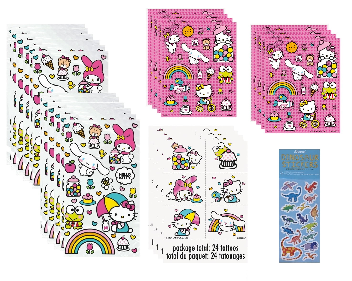 Hello Kitty Birthday Party Supplies Bundle includes 16 Plastic Cello Bags, 8 Sticker Sheets with 192 Stickers, 24 Tattoos, 1 Dinosaur Sticker Sheet