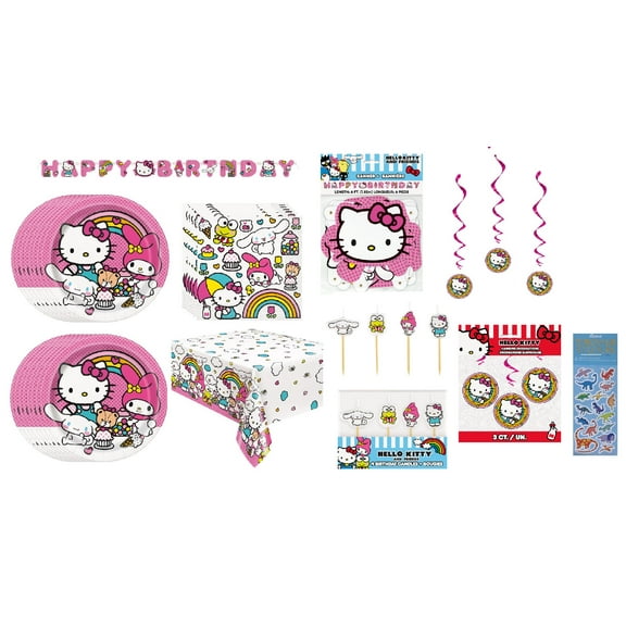 Hello Kitty Birthday Party Supplies Bundle includes 16 Plates 9", 16 Napkins, 1 Table Cover, 1 Happy Birthday Banner, 3 Hangins Swirl Decorations, 4 Piece Candle Set, 1 Dinosaur Sticker