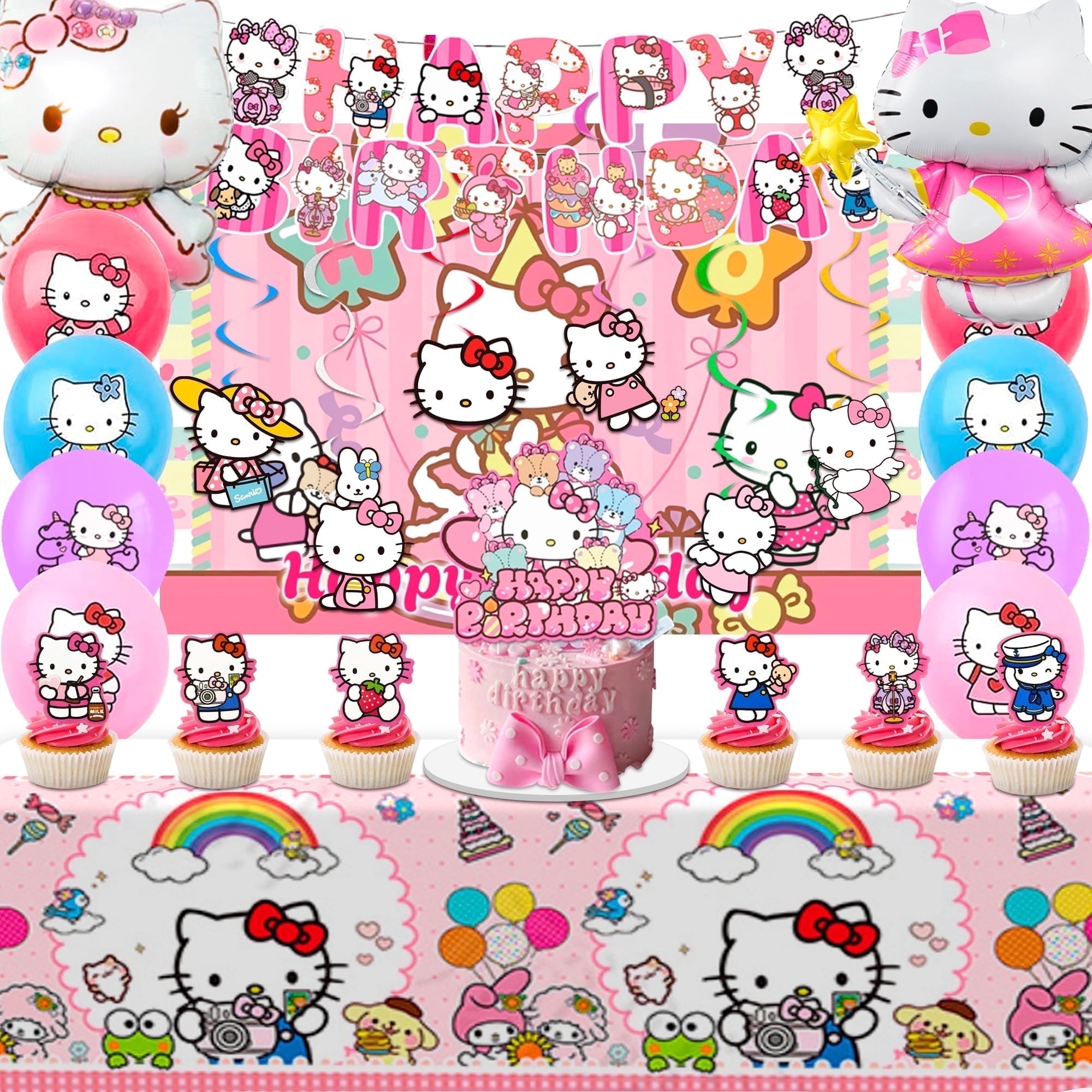 Hello Kitty Birthday Party Supplies, Hello Kitty Party Decorations Set - Hello Kitty Birthday Decoration Banner Background Tablecloth and Hello Kitty Balloon Cake Topper and Other Party Supplies