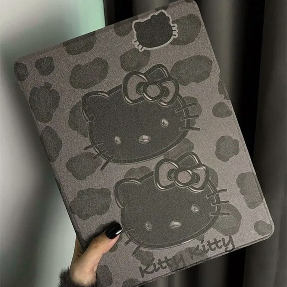 Hello Kitty Black Leopard Print Flip Stand Tablet Case for Air1/2/3/4/5th Generation IPad 5/6/10th Generation Mini6 IPad Pro