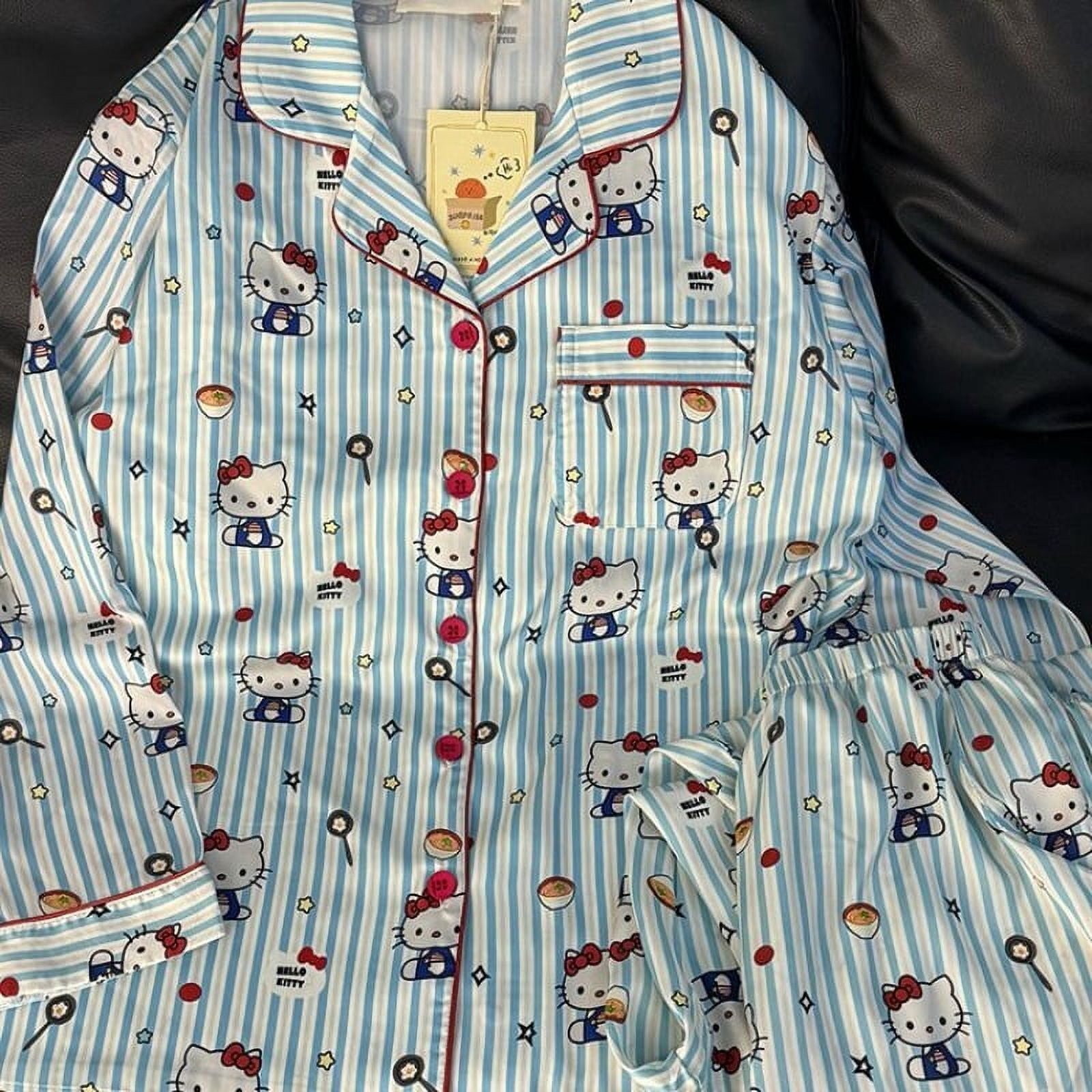 Hello Kitty Blue Striped Pajamas Set Spring Cartoon Printing Cute Girl ...