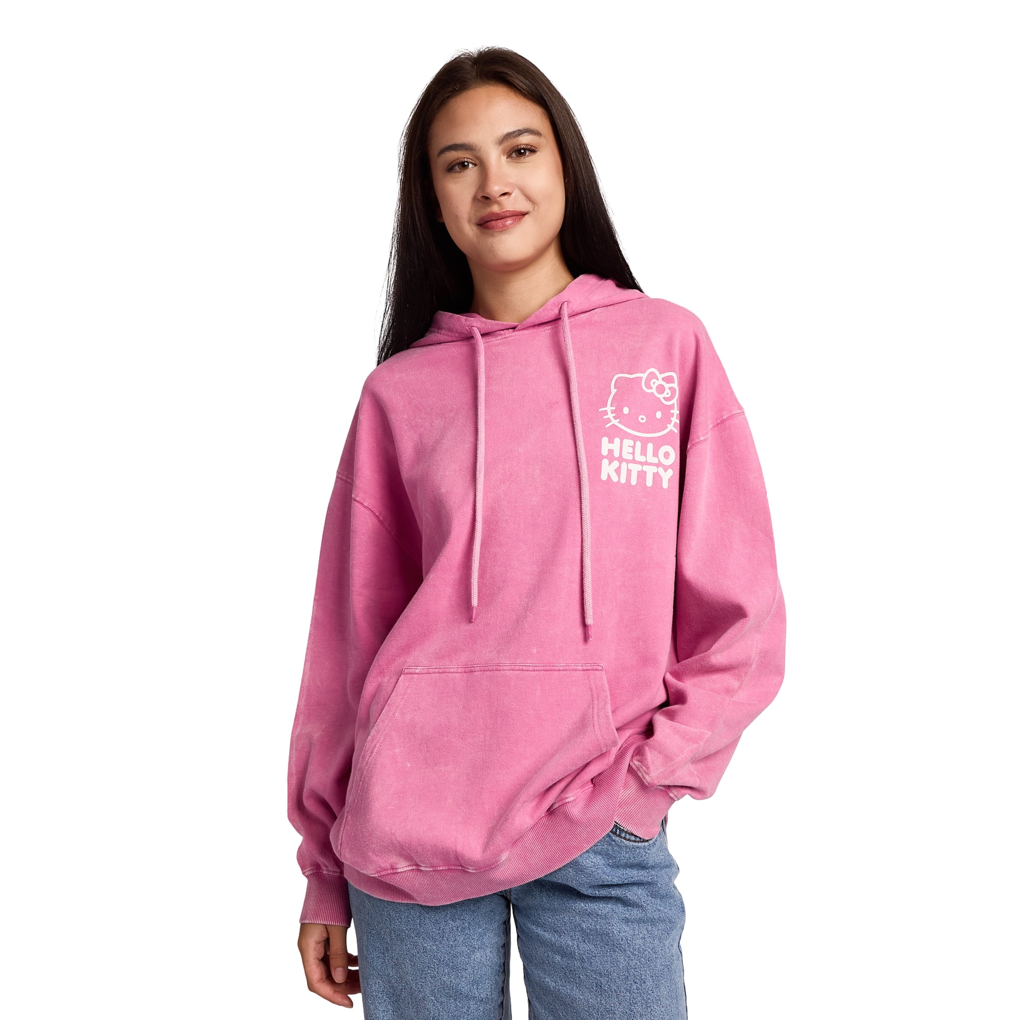 Hello Kitty & Bows Line Art Women's Pink Mineral Wash Long Sleeve Fleece Hooded Sweatshirt-Small