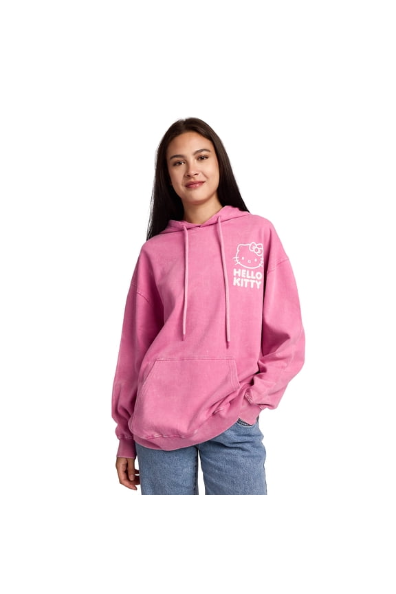 Hello Kitty & Bows Line Art Women's Pink Mineral Wash Long Sleeve Fleece Hooded Sweatshirt-Small