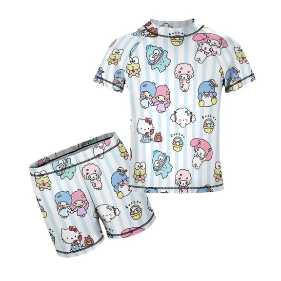 Hello Kitty Boys Rash Guard Set 2 Piece Swimsuits Short Sleeve Bathing Suits with Trunks