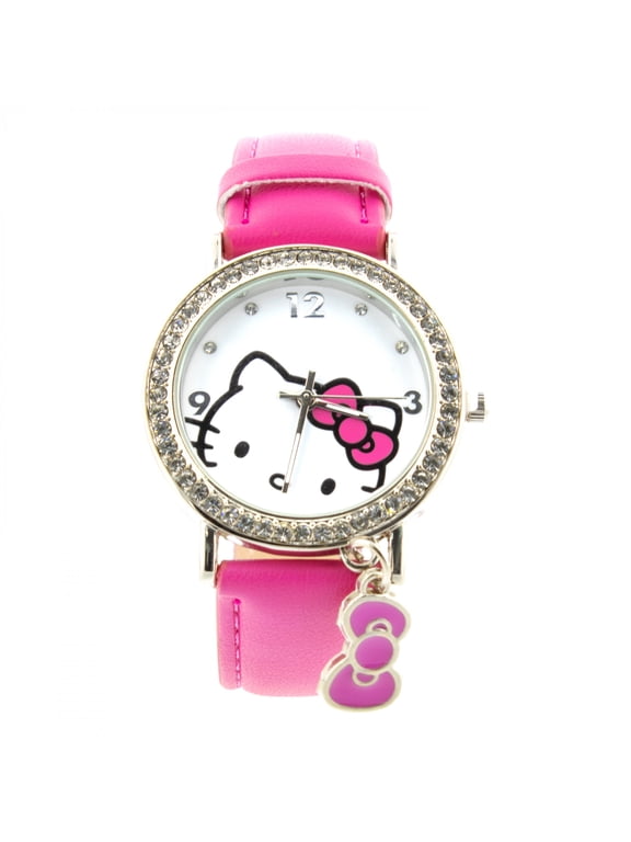 Bright Pink Strap, Bow Charm and Crystal Bezel Analog Watch