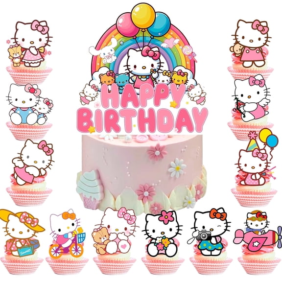 Hello Kitty Cake Decorations,13pcs Hello Kitty Cake Toppers Includes 1 Hello Kitty Cake Topper & 12 Hello Kitty Cupcake Toppers, for Boys/Girls Kids Hello Kitty Birthday Decorations Supplies
