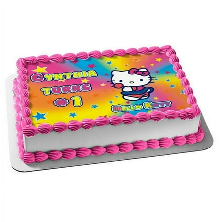 Hello Kitty Candy Rainbow Star Spiral Birthday Edible Image Cake Topper For Quarter Sheet Cake By TNCT