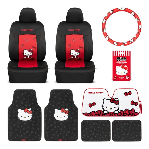 Hello Kitty Car Seat Covers, Car Floor Mats, Steering Wheel Cover, Windshield Sun Shade 9pc Combo for Car Gift Pack