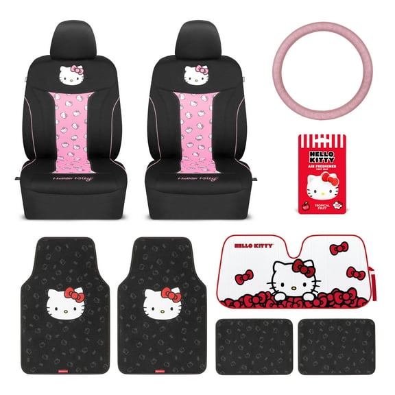 Hello Kitty Car Seat Covers, Car Floor Mats, Steering Wheel Cover, Windshield Sun Shade for Car Gift Pack, 9pc Combo