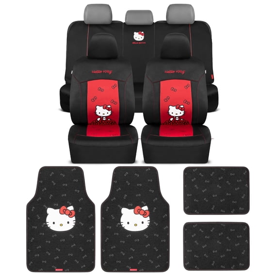 Hello Kitty Car Seat Covers & Floor Mats Full Set, Sanrio Auto Accessories | Universal fit car floor mats for SUVs and sedans with seat protectors, carpet floor mats and interior protection