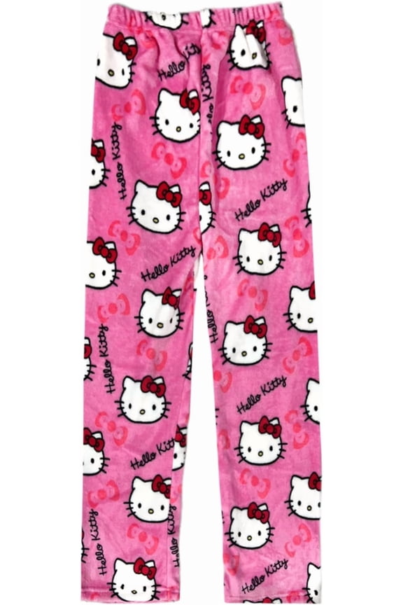 Hello Kitty Cartoon Pajama Pants, Women's Cartoon Family Christmas and Halloween Pajama Pants, Cute Flannel Pajama Pants, Black and Pink