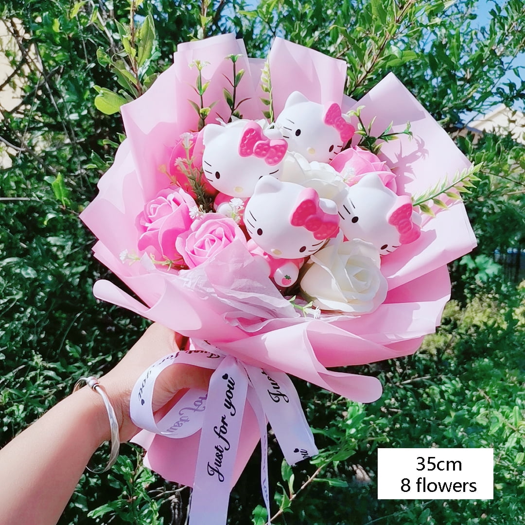 Hello Kitty Cartoon Plush Bouquet Anime Rose Soap Flowers Doll Home