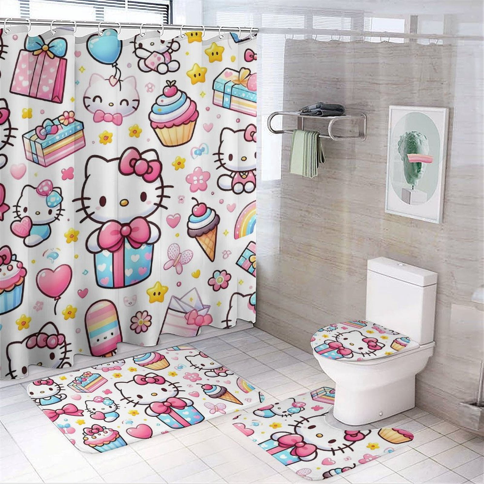 Hello Kitty Cartoon Shower Curtain Set for Bathroom 4 Piece Bathroom