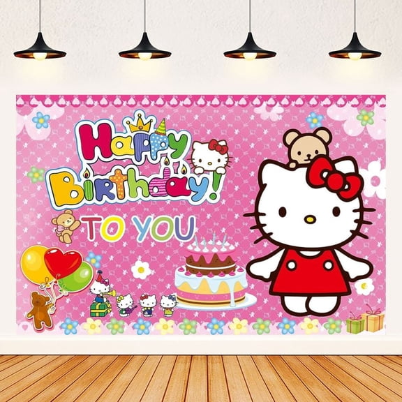 Hello Kitty Cartoon Theme Birthday Flag Background Banner Children's Party Decoration supplies Photography Photo Prop ,70.8x43.3inch.