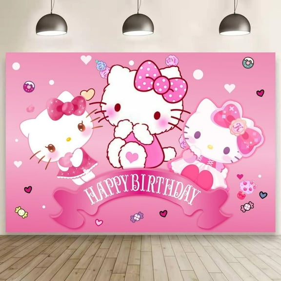 Hello Kitty Cartoon Theme Birthday Flag Background Banner Children's Party Decoration supplies Photography Photo Prop ,70.8x43.3inch.