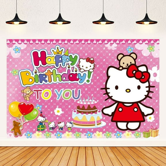 Hello Kitty Cartoon Theme Birthday Flag Background Banner Children's Party Decoration supplies Photography Photo Prop ,70.8x43.3inch.