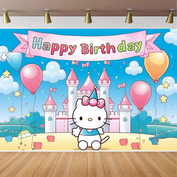 Hello Kitty Cartoon Theme Birthday Flag Background Banner Children's Party Decoration supplies Photography Photo Prop ,70.8x43.3inch.