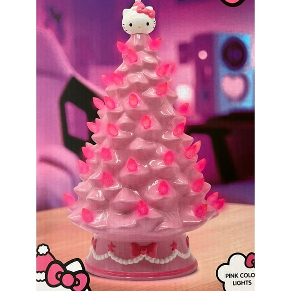 Hello Kitty Ceramic Christmas Tree with Pink Lights  12" Tall Holiday Decoration, Ages 6+