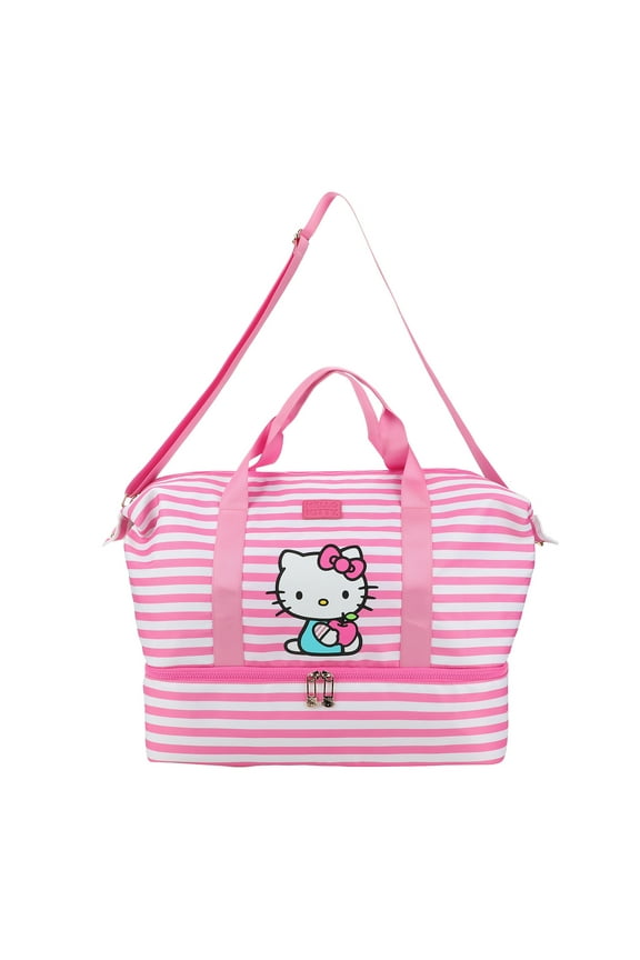 Hello Kitty Character 17" Pink & White Striped Duffle Bag