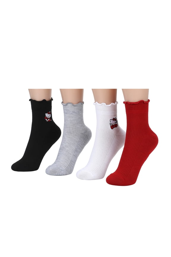 Hello Kitty Character Art Womens 4-Pair Pack Ruffle Cuff Quarter Crew Socks