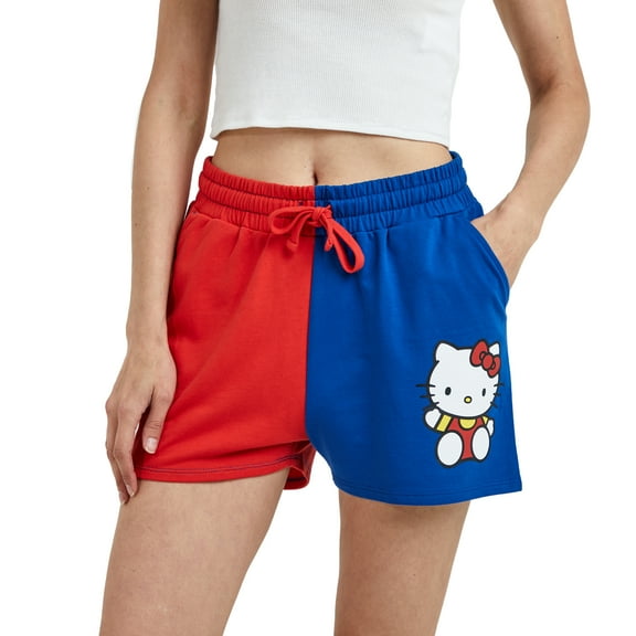 Hello Kitty Character Art Women's Red & Blue Contrast Sweat Shorts-Small