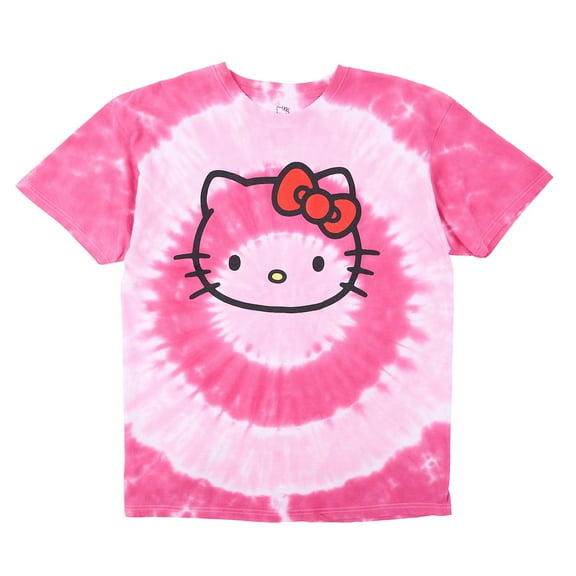 Hello Kitty Character Face Men's Pink Spiral Tie-Dye Crew Neck Short Sleeve T-shirt-Large