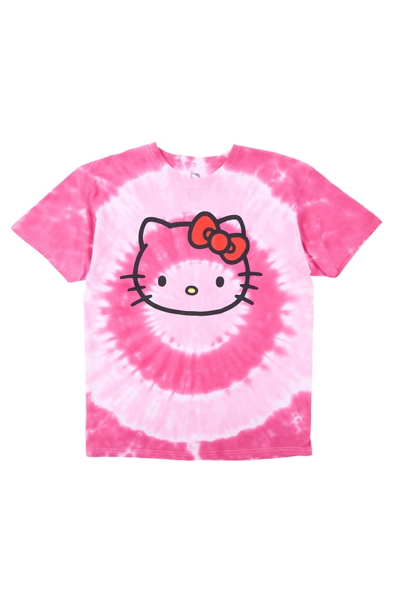 Hello Kitty Character Face Men's Pink Spiral Tie-Dye Crew Neck Short Sleeve T-shirt-Small