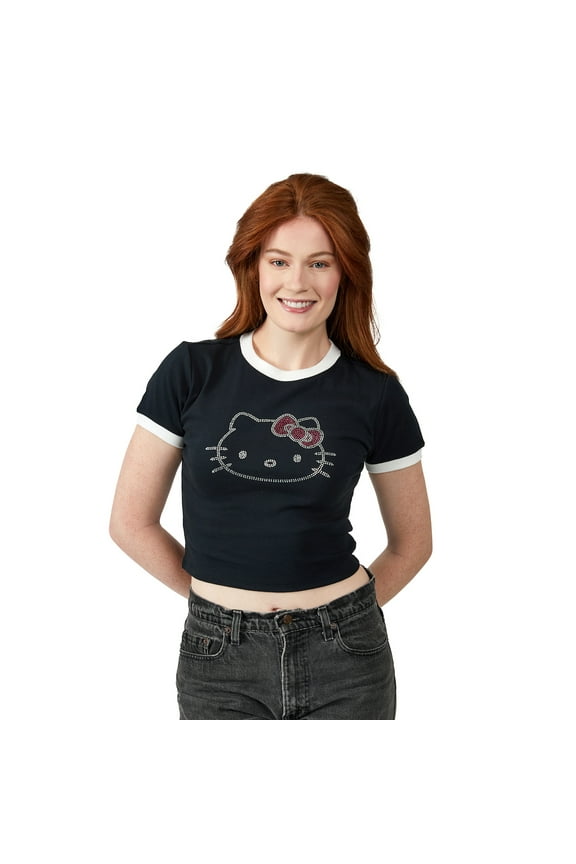Hello Kitty Character Face Outline Crew Neck Short Sleeve Women's Black Crop Top Baby Tee Medium