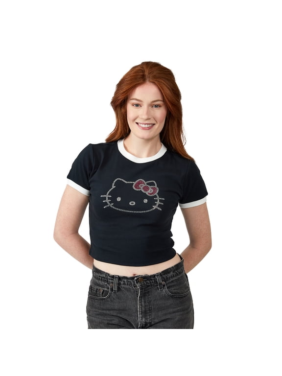 Hello Kitty Character Face Outline Crew Neck Short Sleeve Women's Black Crop Top Baby Tee Medium