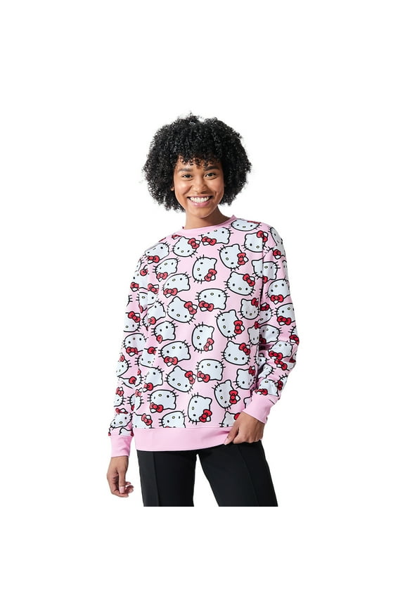 Hello Kitty Character Heads All-Over Print Women's Pink Crew Neck Long Sleeve Sweatshirt-Small