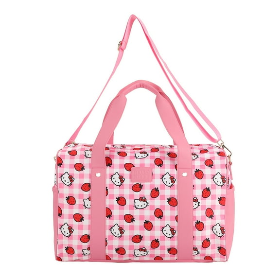 Hello Kitty Character & Strawberries All-Over Print Pink Plaid 20" Duffel Bag
