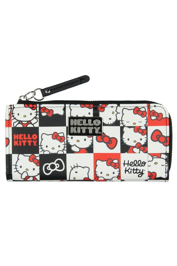 Hello Kitty Checkerboard Character Design Faux Leather Full Zip Wallet with Metal Hello Kitty Logo Badge