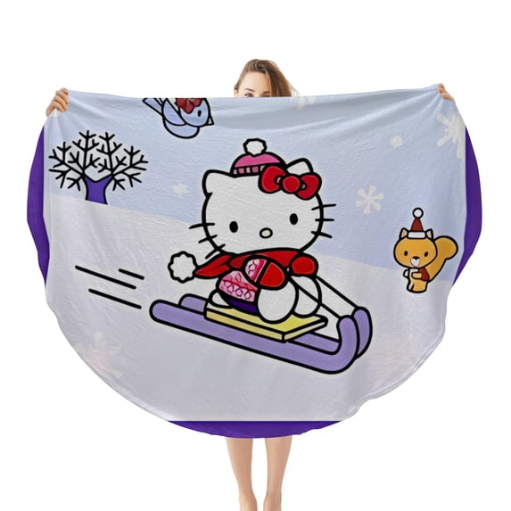 Hello Kitty Christmas Round Flannel Throw Blanket Plush Soft Polyester Cover for Sofa Bed, Cozy Home Decor Room Essentials Anime Manga Gifts for Teens, Kids 47inch