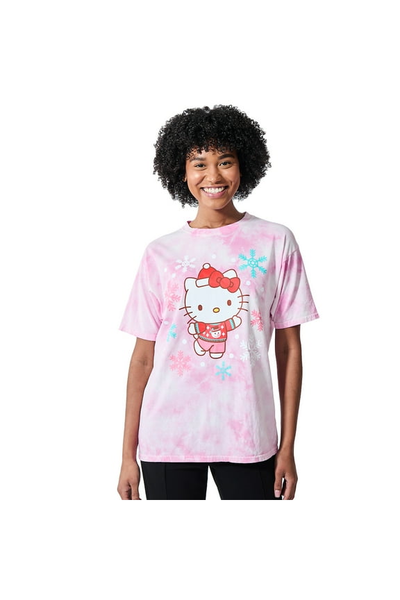 Hello Kitty Christmas Snowflakes Women's Pink Cloud Wash Crew Neck Short Sleeve T-shirt-XL