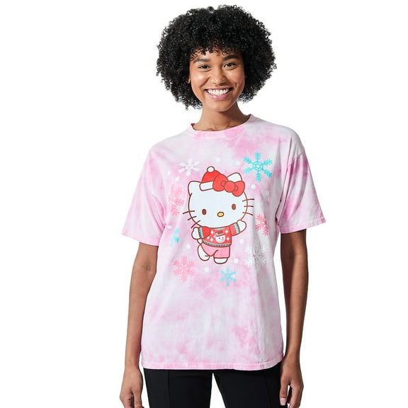 Hello Kitty Christmas Snowflakes Women's Pink Cloud Wash Crew Neck Short Sleeve T-shirt-XL