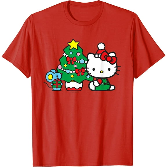 Hello Kitty Christmas Tree Holiday DTG Print Unisex T-Shirt,Red Color,Size M
