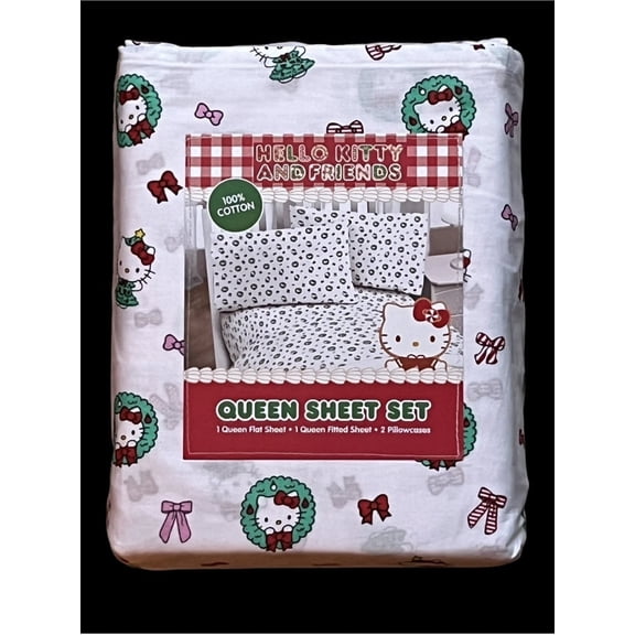 Hello Kitty Christmas Wreaths and Bows Queen Sheet Set, 100% Cotton